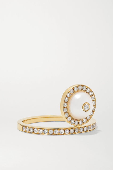 Solitaire 18K 黄金、钻石、珍珠戒指展示图