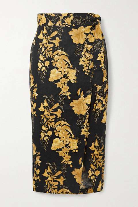 Florence 花卉印花亚麻围裹式中长半身裙展示图