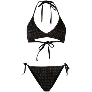 monogram-print tie-fastening bikini