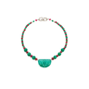 Carved Emerald And Ruby Bead Necklace