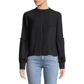 Barret Pleated-Front Long-Sleeve Button-Back Top