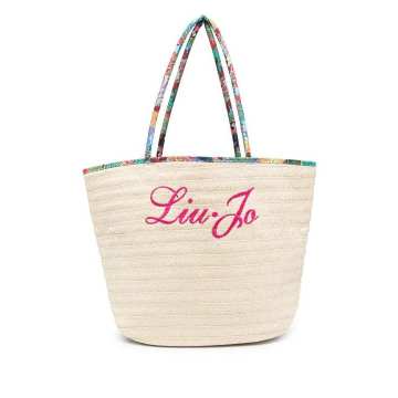 logo-embroidered woven tote bag