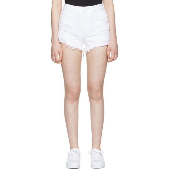 White Destroyed Denim Bite Shorts展示图