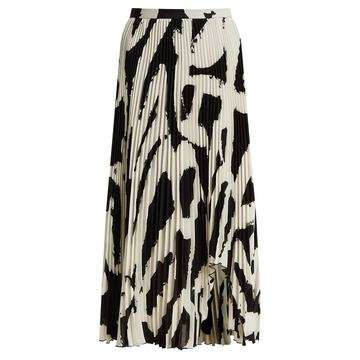 Graphic-print cut-out hem pleated-crepe midi skirt