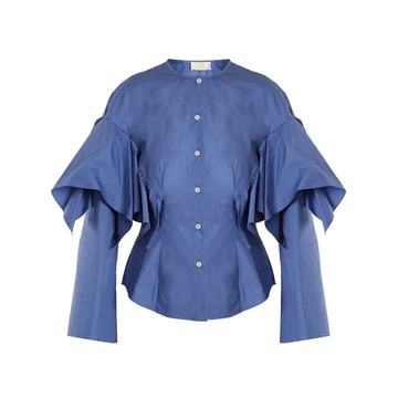 Collarless ruffled cotton shirt