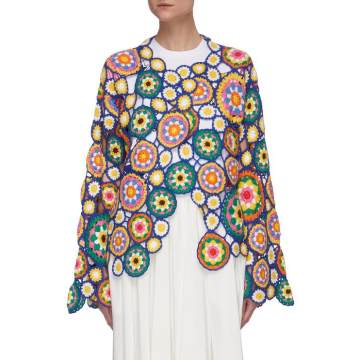 拼接设计镂空花卉图案混羊毛针织开衫