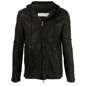 crinkled leather hooded jacket