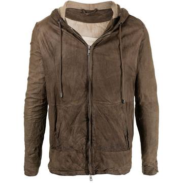 crinkled leather hooded jacket