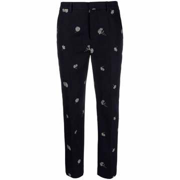 floral-embroidered slim-fit trousers