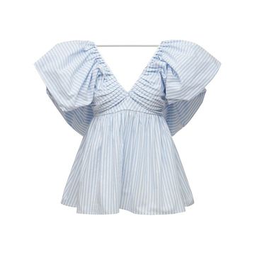 STRIPED COTTON BLEND TOP W/ PUFF SLEEVES