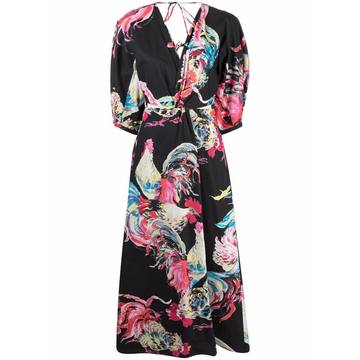 rooster-print puff-sleeve dress