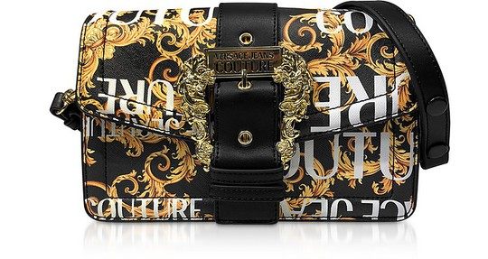Gold Signature Print Saffiano Leather Crossbody Bag w/Buckle展示图
