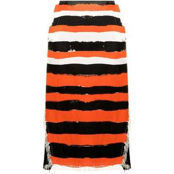 frayed striped midi skirt