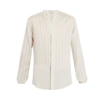 Grandad-collar pinstriped shirt