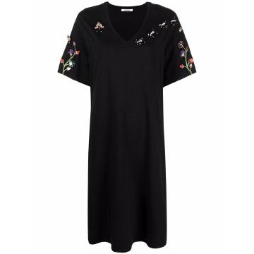 floral-embroidered crystal T-shirt dress
