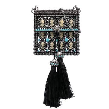 embellished fringed pom pom mini bag