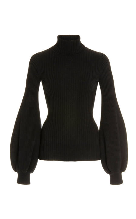 Yara Puff-Sleeve Ribbed-Knit Cotton Sweater展示图