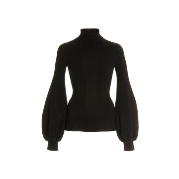 Yara Puff-Sleeve Ribbed-Knit Cotton Sweater