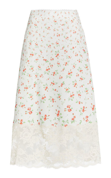 Lace-Trimmed Rosebud-Print Satin Midi Skirt展示图