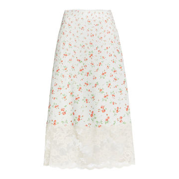 Lace-Trimmed Rosebud-Print Satin Midi Skirt