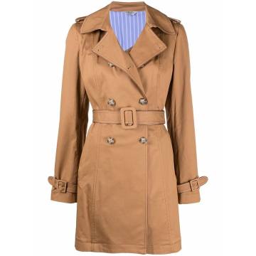 button-front belted short trench coat