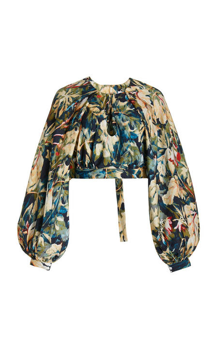 Harlow Puff-Sleeve Printed Crepe Cropped Top展示图