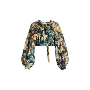 Harlow Puff-Sleeve Printed Crepe Cropped Top