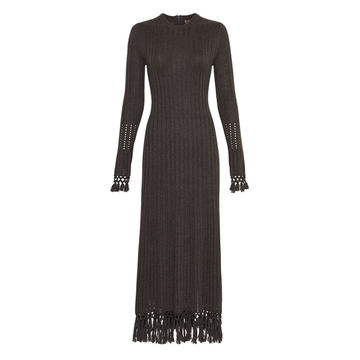 Fringe Detail Knit Long Sleeve Midi Dress