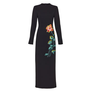 Floral Embroidered Wool Crepe Long Sleeve Column Dress