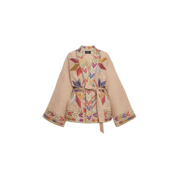 Belted Floral Jacquard Poncho
