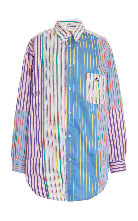 Colorblocked Striped Cotton Button-Down Shirt展示图