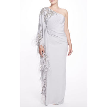 Feather Trimmed One-Shoulder Silk Gown