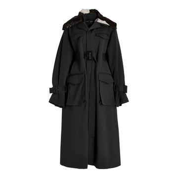 Belted Shearling-Trimmed Twill Trench Coat