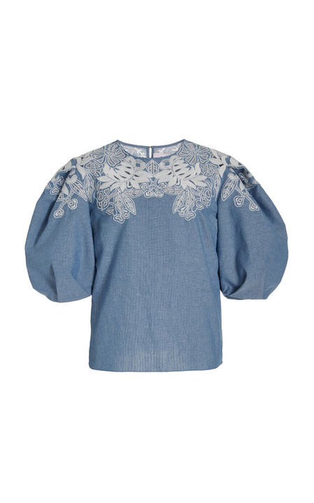 Embroidered Cotton Puff-Sleeve Blouse展示图