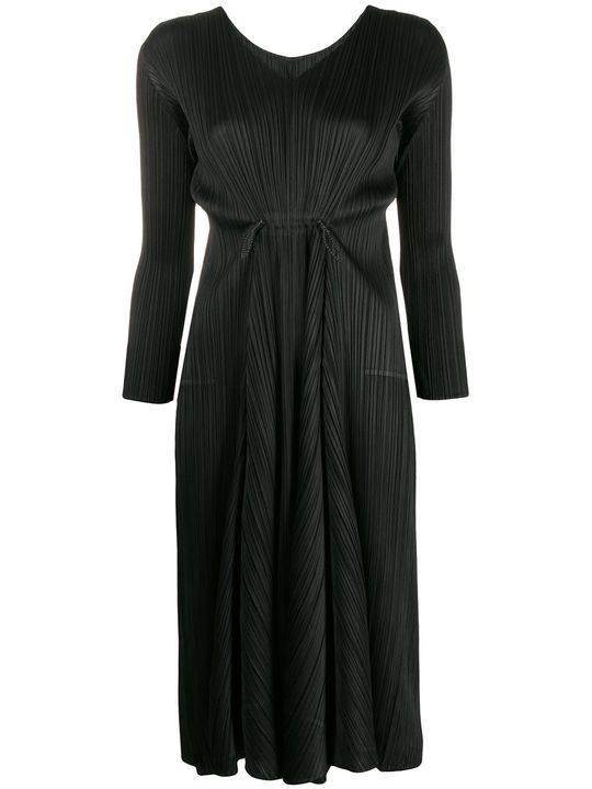 pleated long-sleeve midi dress展示图