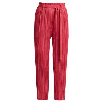 Paperbag-waist straight-leg pleated trousers