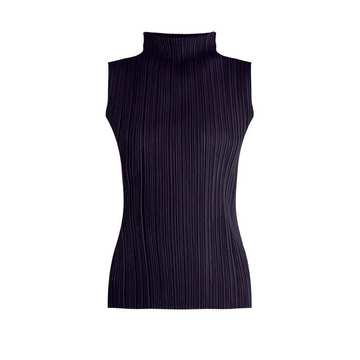 High-neck sleeveless pleated top