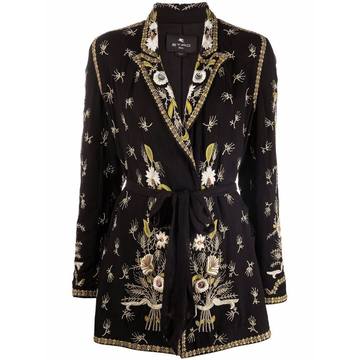 embroidered-design tied-waist silk jacket