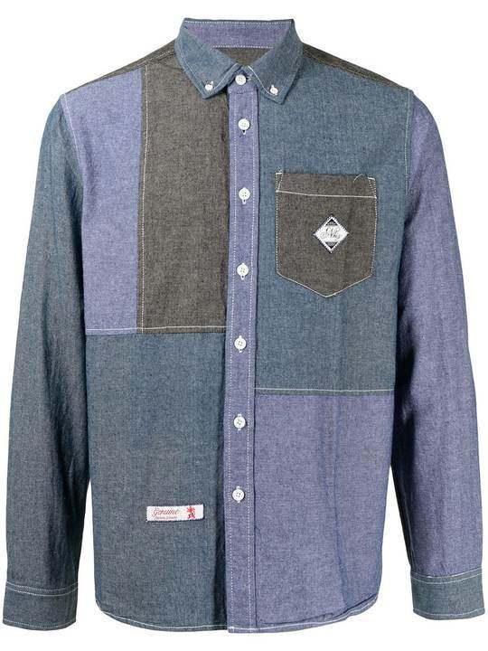 patchwork long-sleeve denim shirt展示图