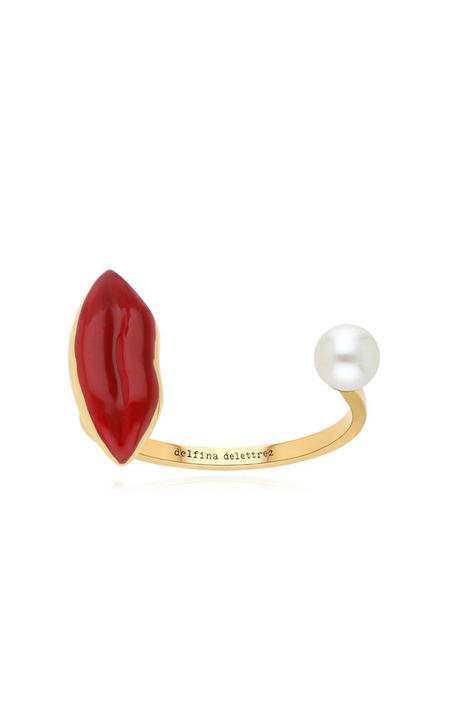 Lip Piercing Enameled 9K Yellow Gold Pearl Ring展示图