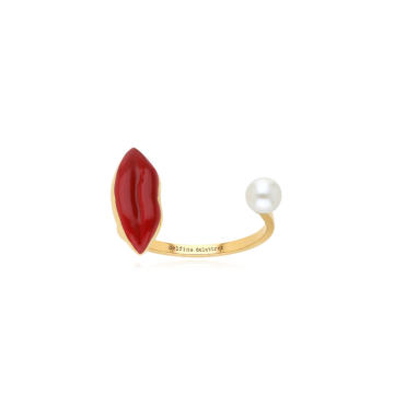 Lip Piercing Enameled 9K Yellow Gold Pearl Ring