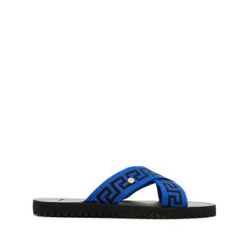 Greca-pattern crossover-strap sandals