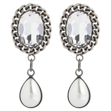 水晶和人造珍珠夹扣式吊式耳环
