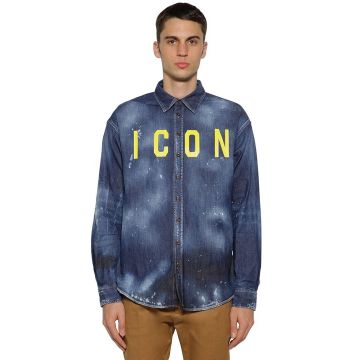 “ICON”印图弹力棉质牛仔衬衫