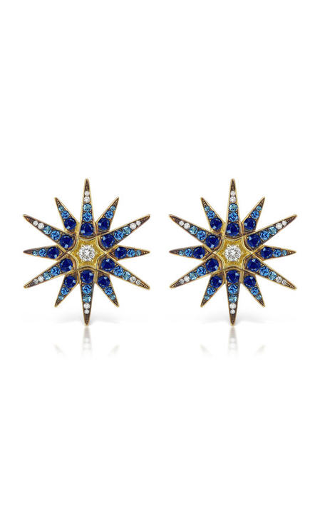 18K Gold Diamond & Sapphire Starburst Earrings展示图