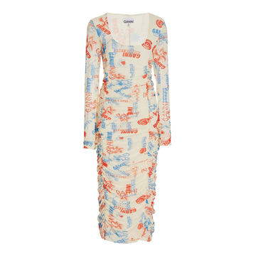 Printed Gathered Nylon Midi Dress