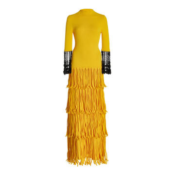Bead-Embellished Fringed Textured-Knit Maxi Dress