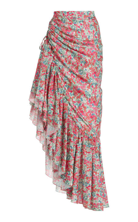 Meadow Floral Asymmetric Cotton-Silk Maxi Skirt展示图