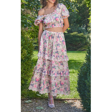 Naila Embroidered Floral-Print Cotton Maxi Skirt