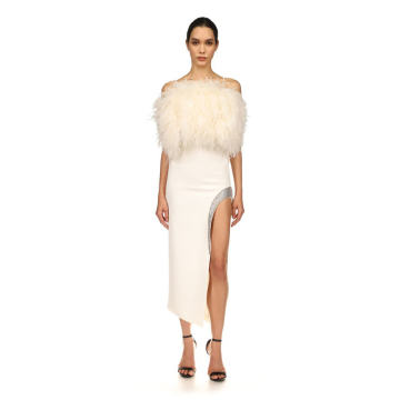 Strapless Feathered Cady Midi Dress